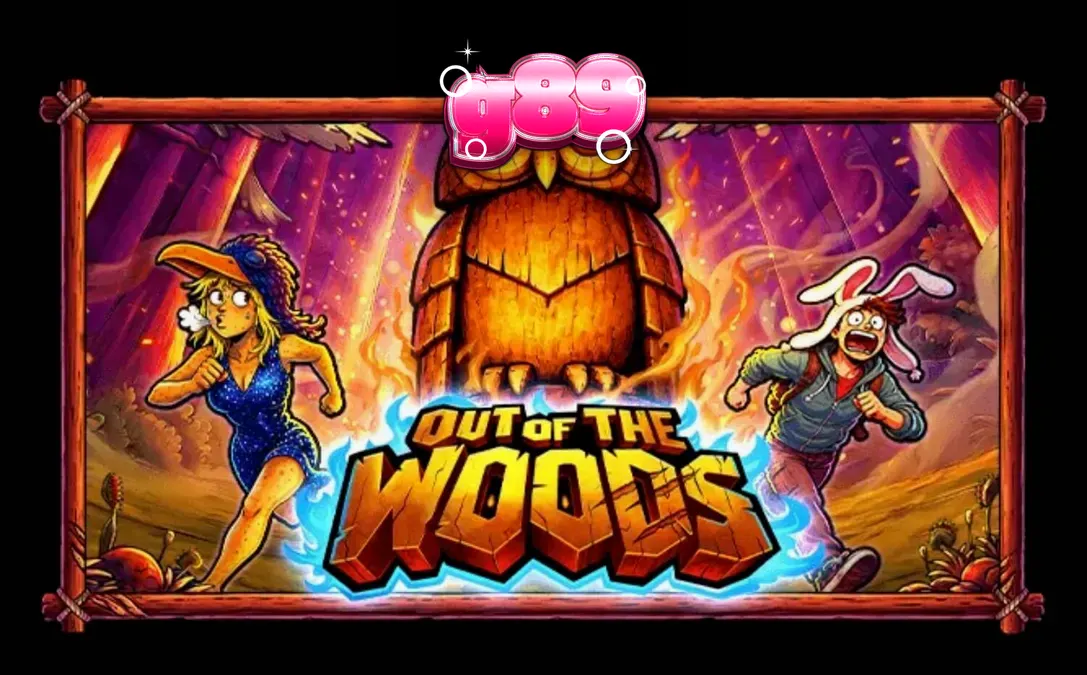 Out of the Woods slot game screen na nagpapakita ng mga animal-themed symbols at kagubatan.